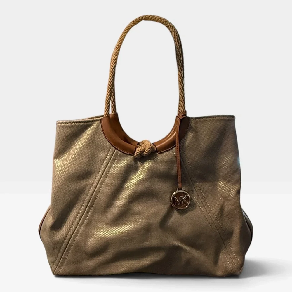 Michael Kors Metallic Canvas Tote Bag Tan Gold Braided Rope Handle Large